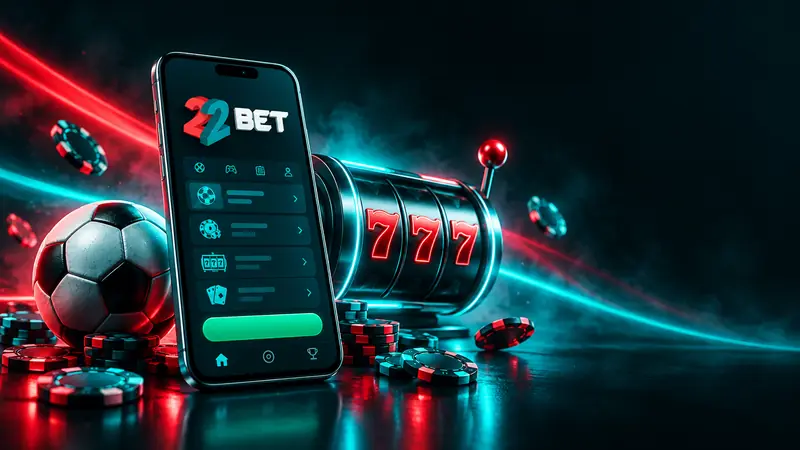 Smartphone mit 22BET App, Slot-Walze, Fußball und Chips